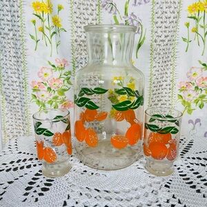 Vintage 70s 80s Anchor Hocking Orange Pitcher Decanter and Juice Glasses Cup